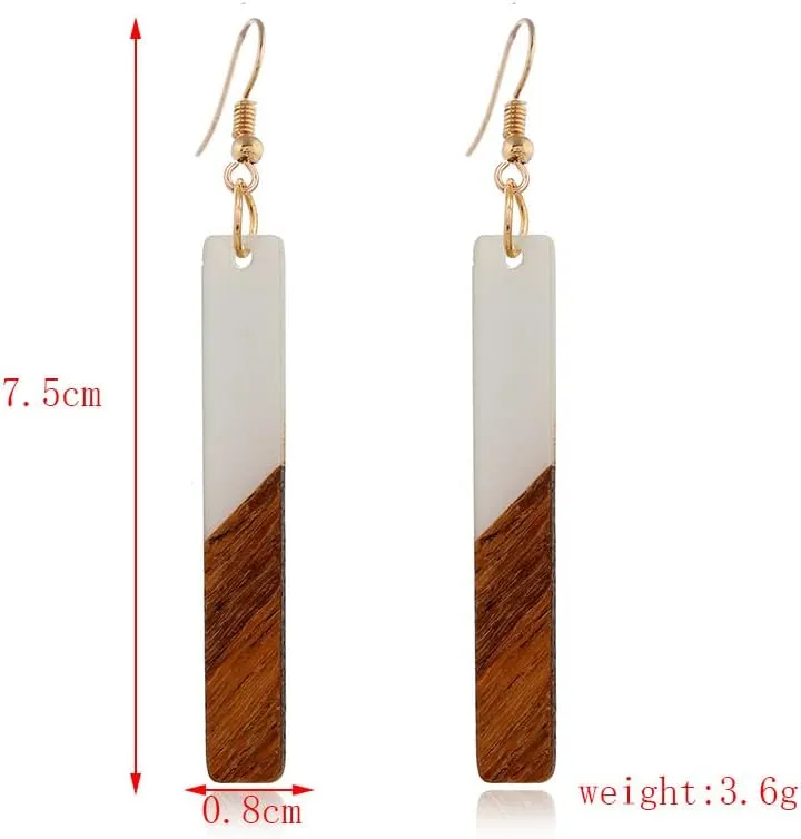 Boho Dangling Statement Earrings Simple Chic Wooden Earrings, Resin Geometric Bar Pendant Wood Earrings