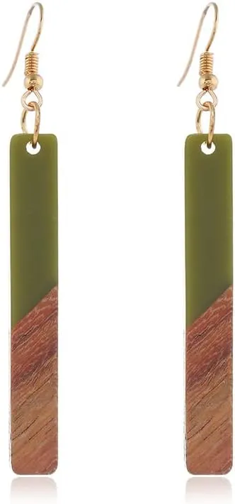 Boho Dangling Statement Earrings Simple Chic Wooden Earrings, Resin Geometric Bar Pendant Wood Earrings