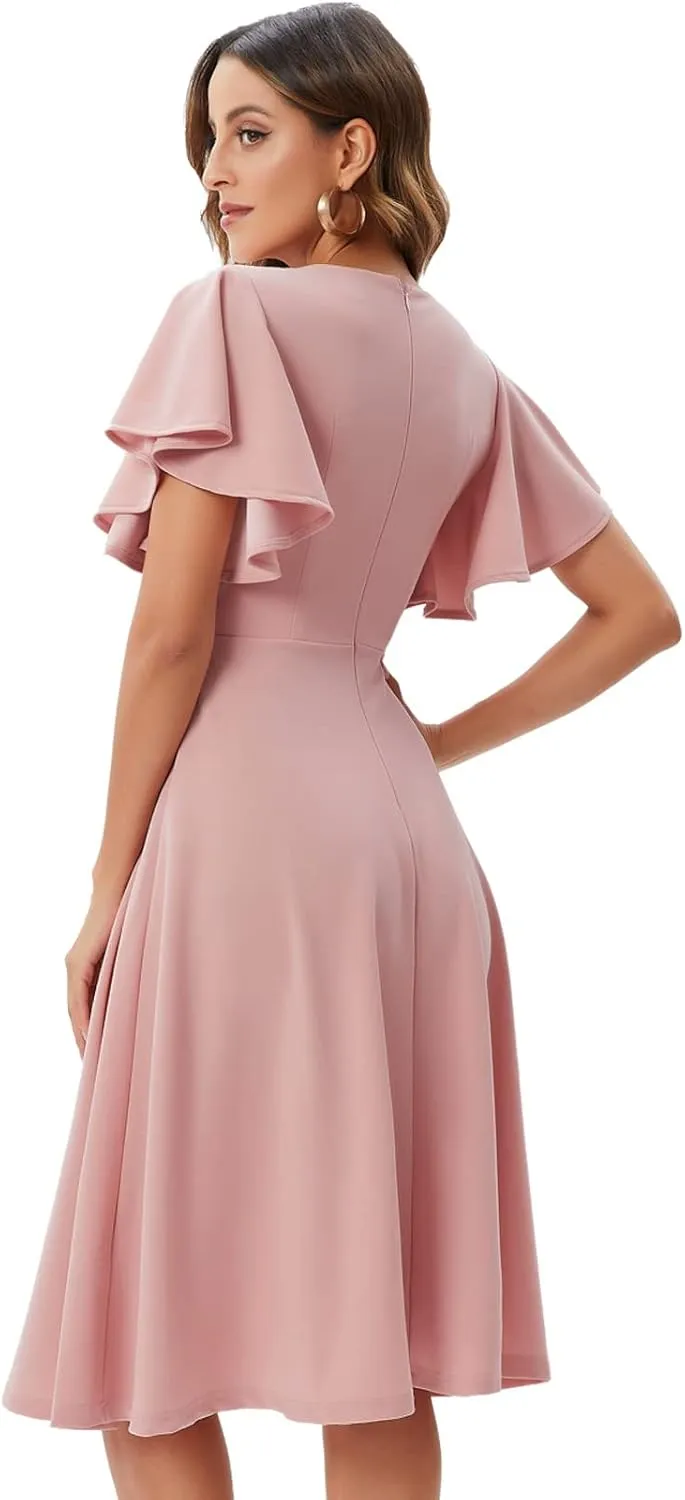 Bridesmay Women's Formal Cocktail Wedding Guest Dress for Women 2025 Short Sleeve Fit and Flare Tea Party Dresses