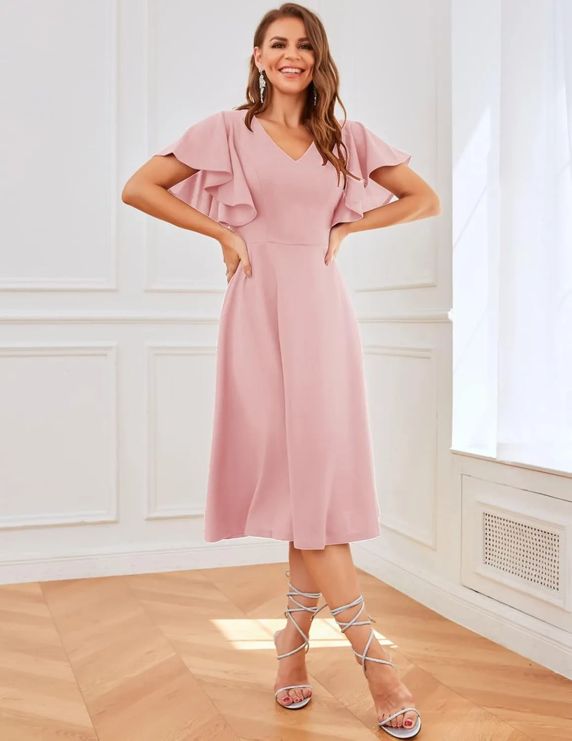 Bridesmay Women's Formal Cocktail Wedding Guest Dress for Women 2025 Short Sleeve Fit and Flare Tea Party Dresses