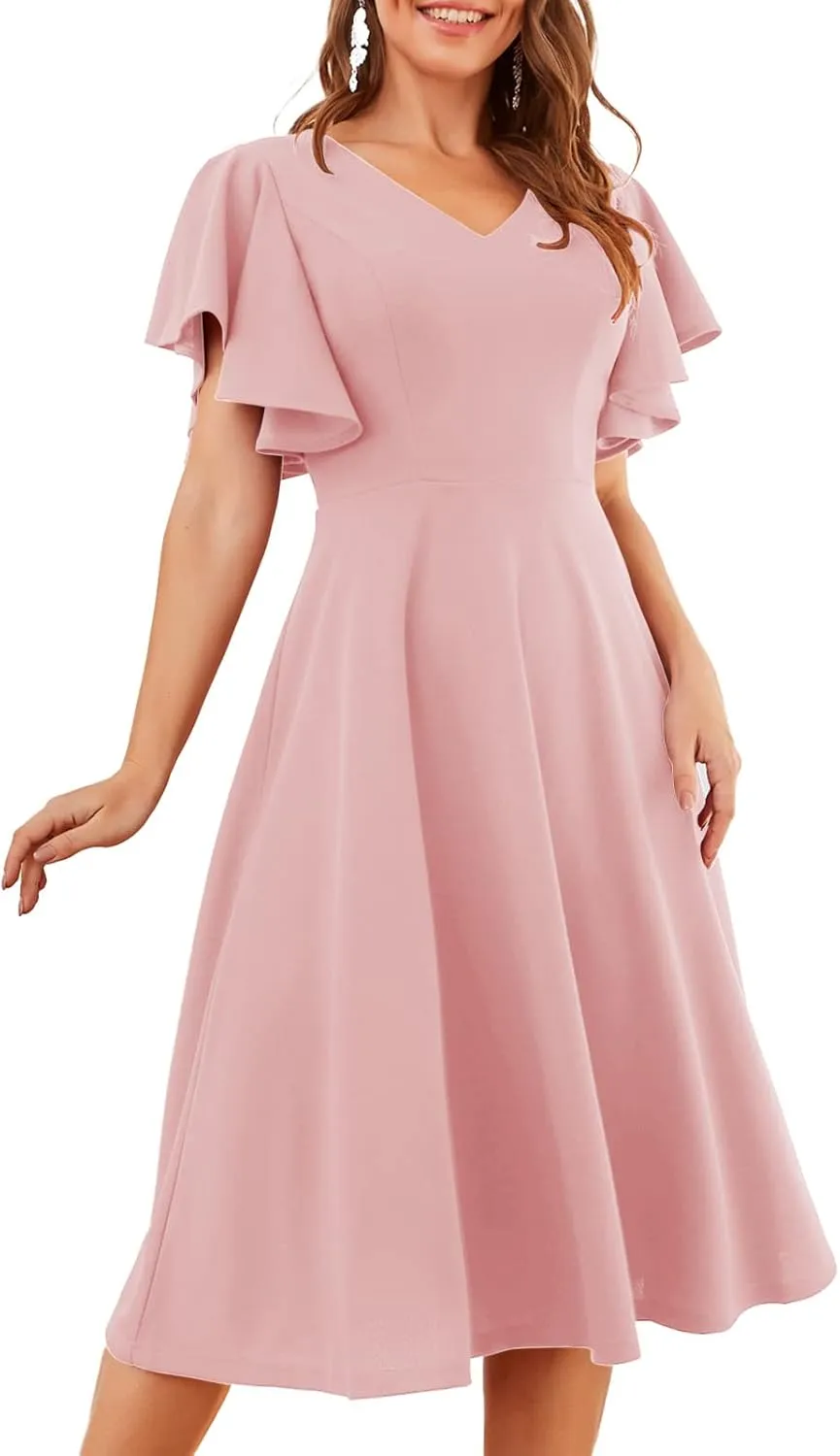 Bridesmay Women's Formal Cocktail Wedding Guest Dress for Women 2025 Short Sleeve Fit and Flare Tea Party Dresses