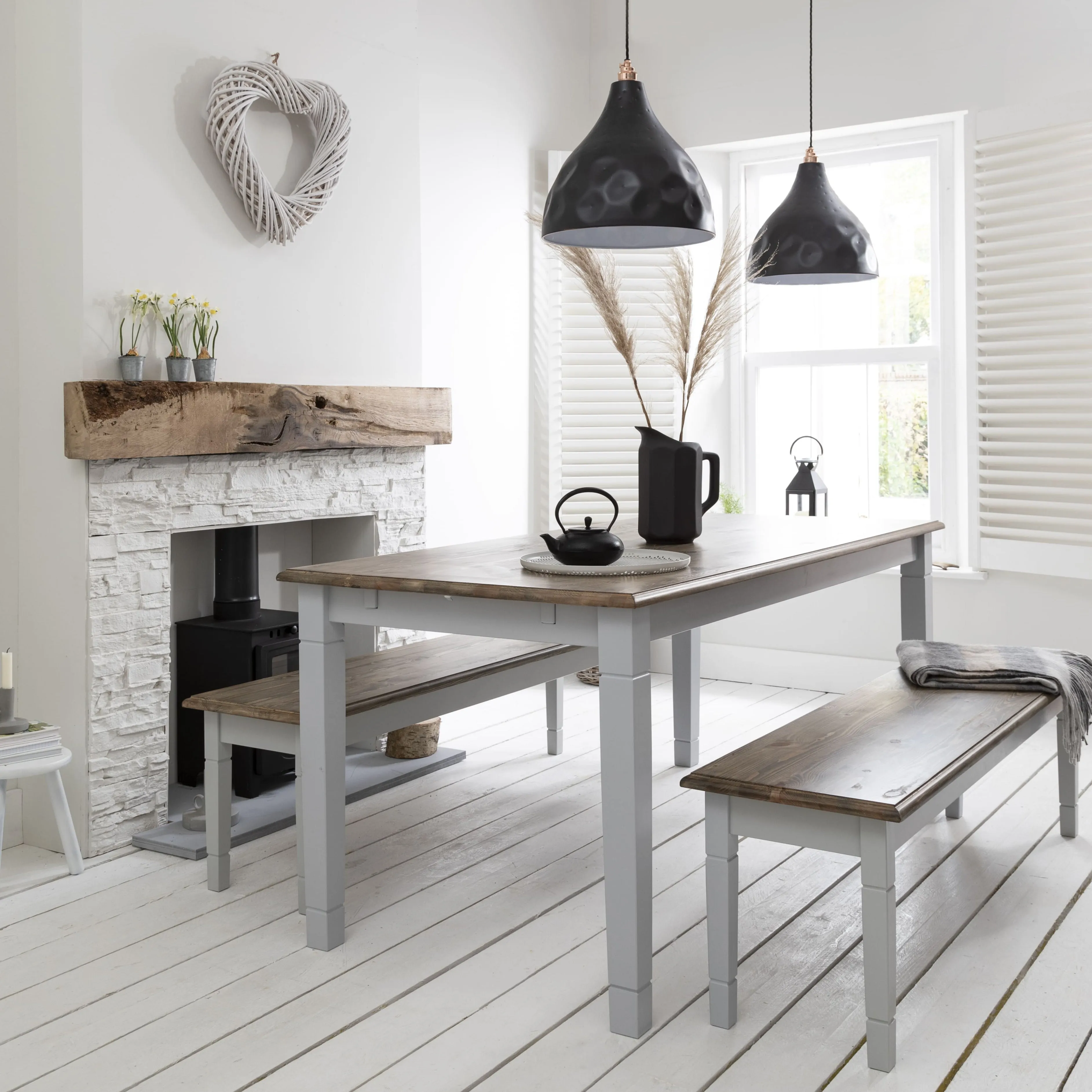 Canterbury 180cm Dining Table with 2 Benches in Silk Grey and Dark Pine
