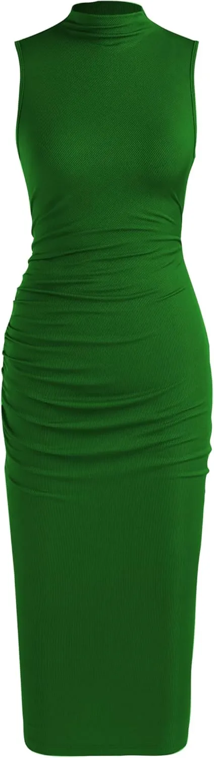 CIDER Work Dresses for Women High Neck Sleeveless Bodycon Ruched Cocktail Party Midi Dresses