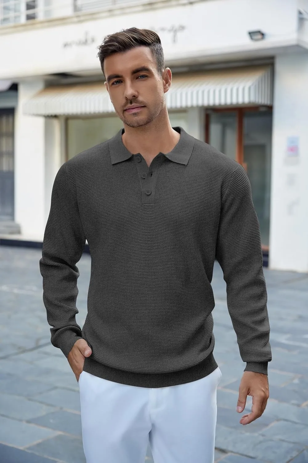 COOFANDY Mens Knit Polo Shirts Long Sleeve Sweater Casual Polo Shirts Lightweight Collared T Shirts