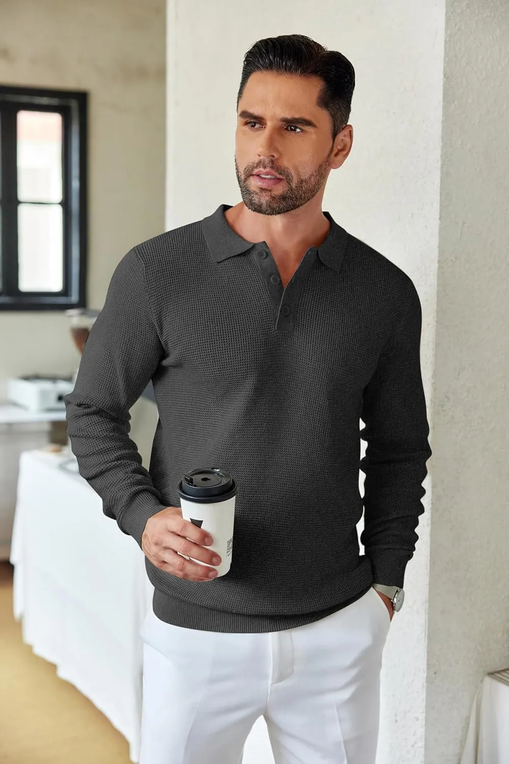 COOFANDY Mens Knit Polo Shirts Long Sleeve Sweater Casual Polo Shirts Lightweight Collared T Shirts