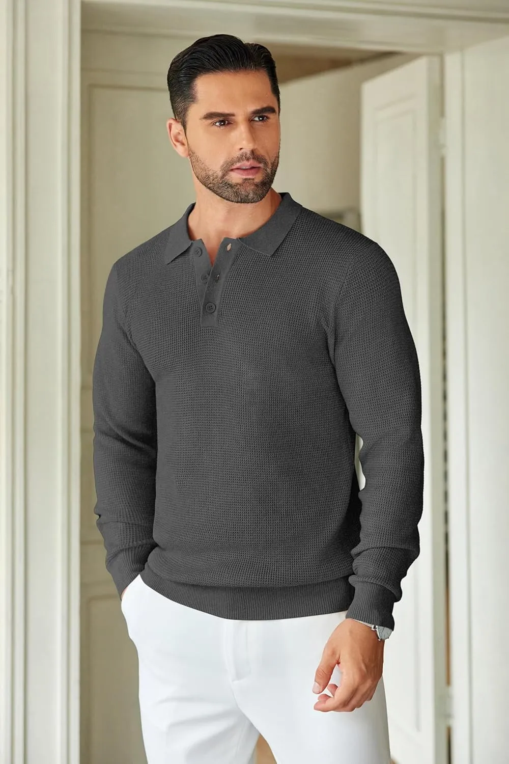COOFANDY Mens Knit Polo Shirts Long Sleeve Sweater Casual Polo Shirts Lightweight Collared T Shirts