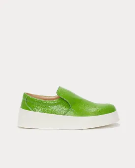 Cracked Leather Green Slip On Sneakers