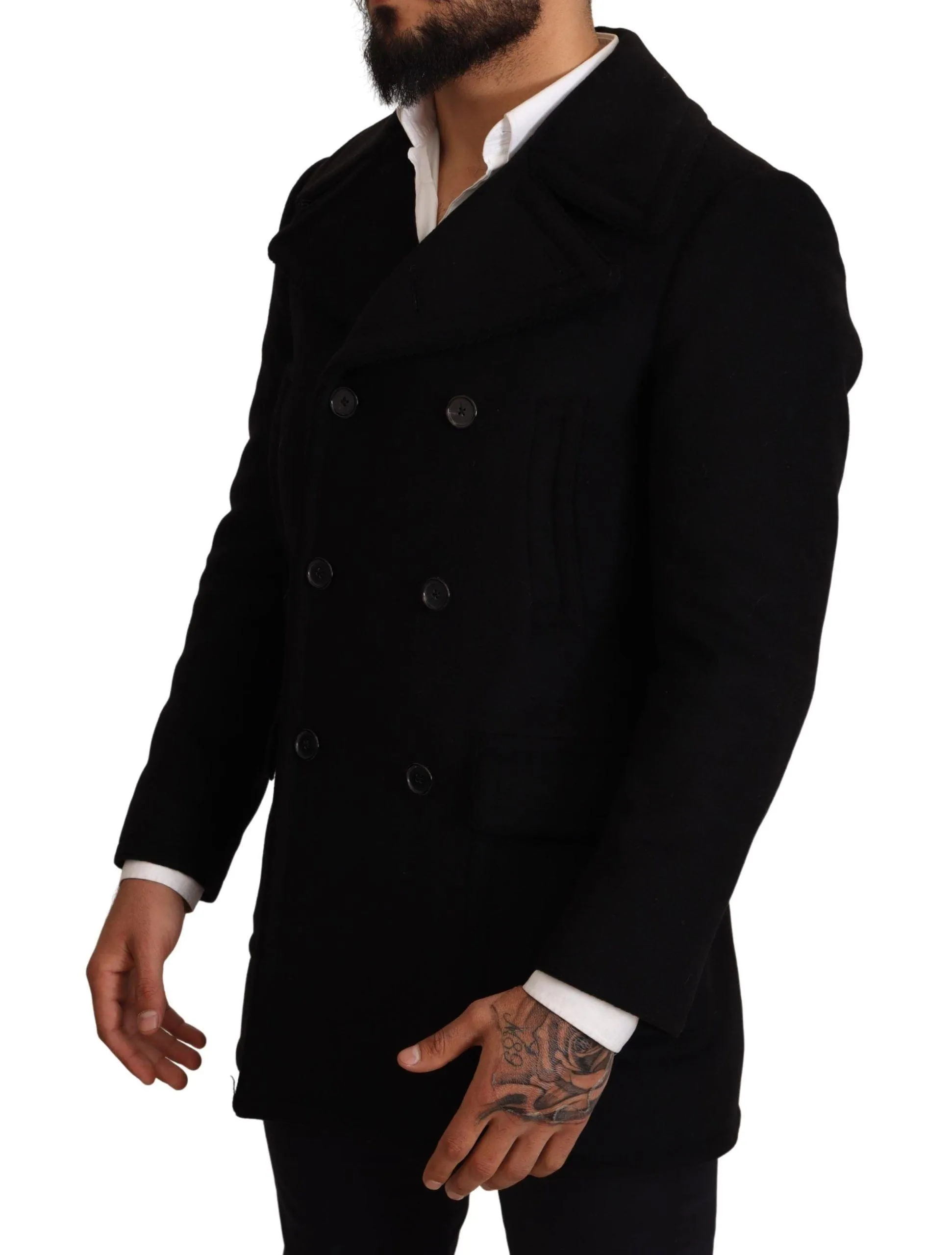 Dolce & Gabbana Black Wool Mens Trench Peacoat Jacket