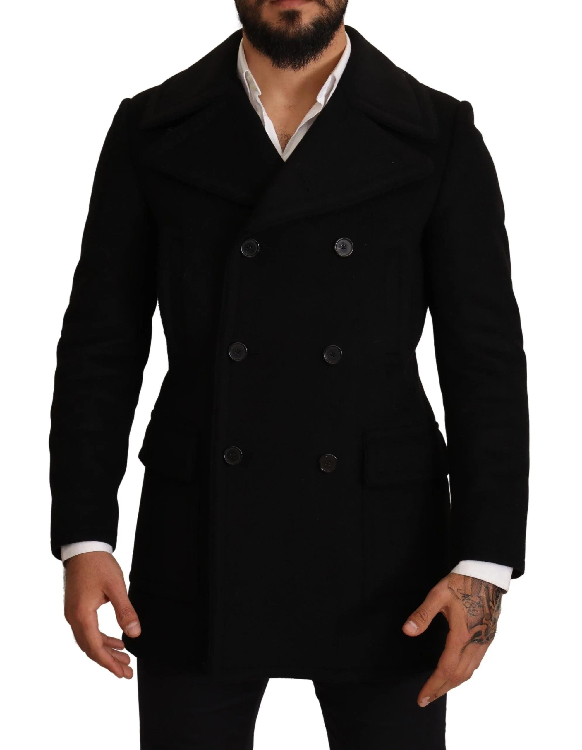Dolce & Gabbana Black Wool Mens Trench Peacoat Jacket