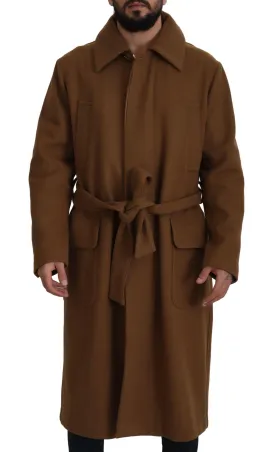 Dolce & Gabbana Brown Wool Long Belted Men Overcoat Jacket