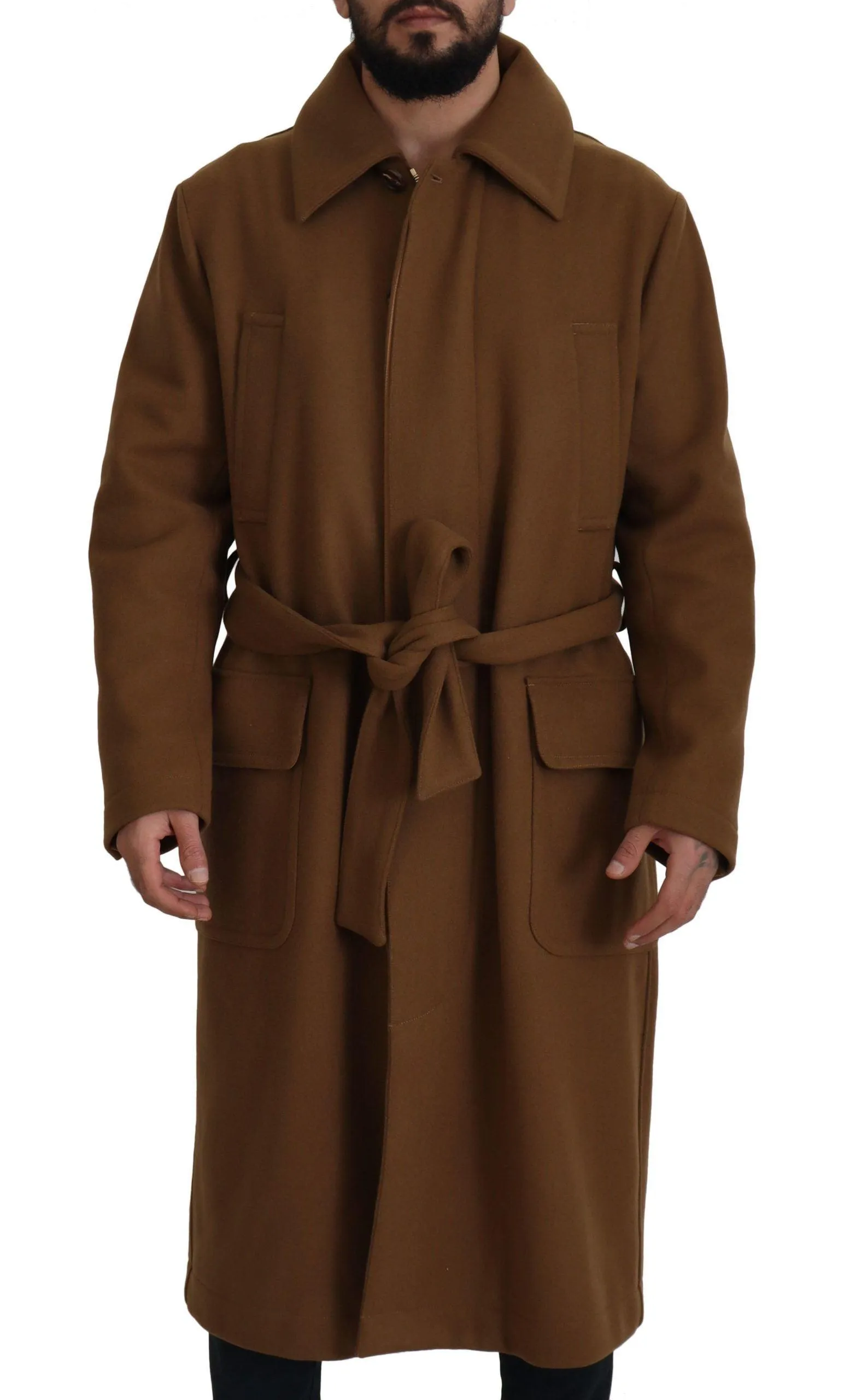Dolce & Gabbana Brown Wool Long Belted Men Overcoat Jacket