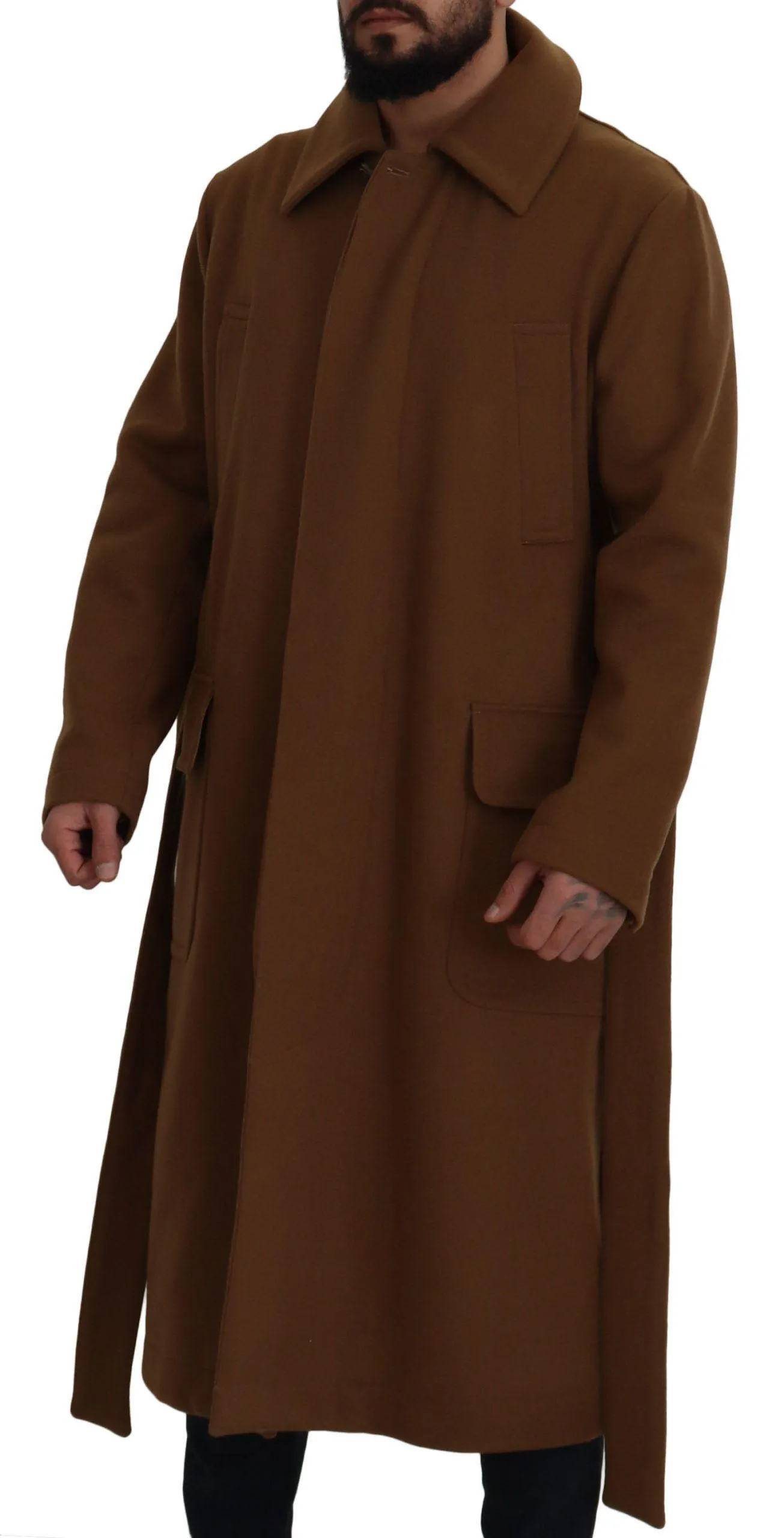 Dolce & Gabbana Brown Wool Long Belted Men Overcoat Jacket