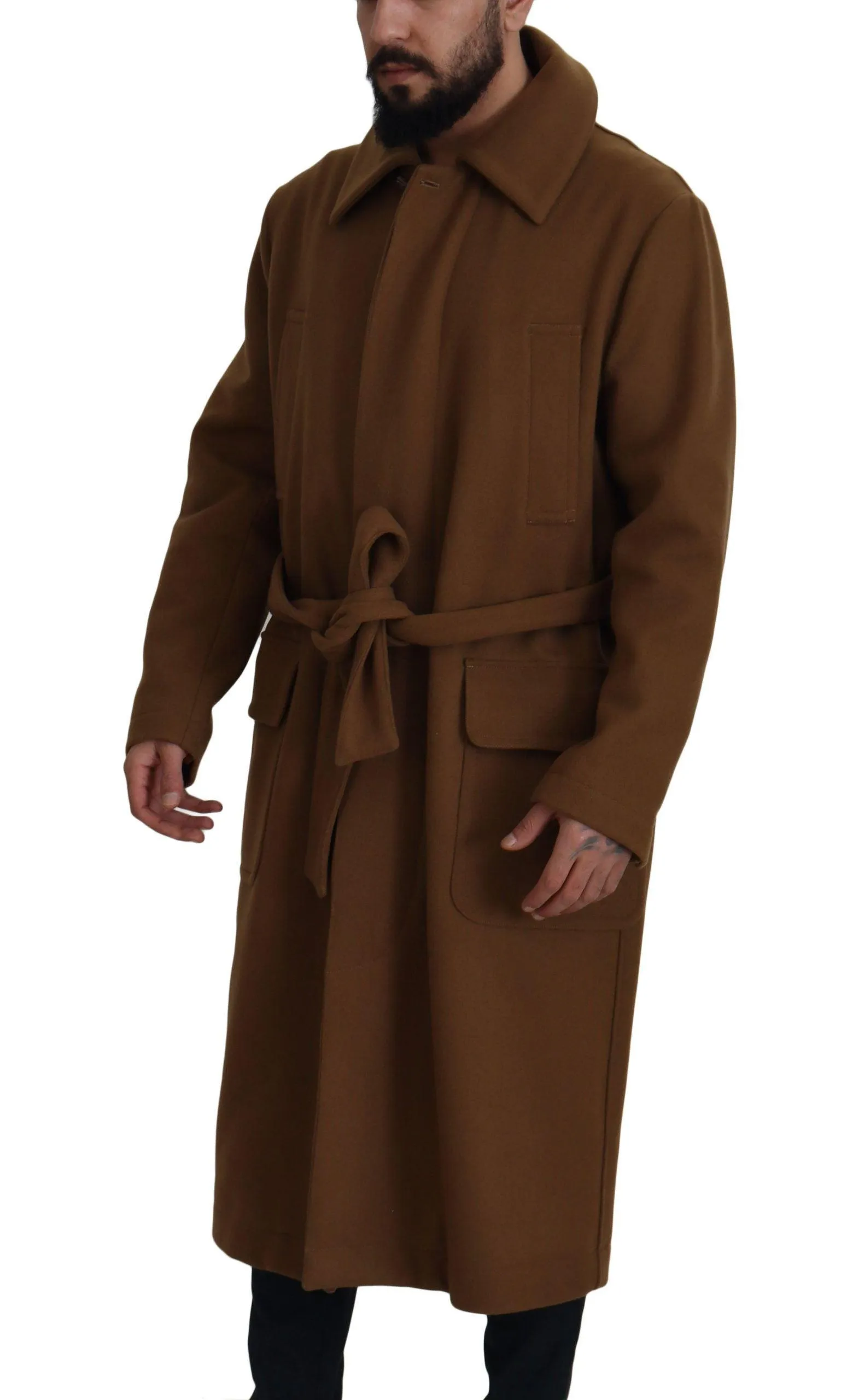 Dolce & Gabbana Brown Wool Long Belted Men Overcoat Jacket