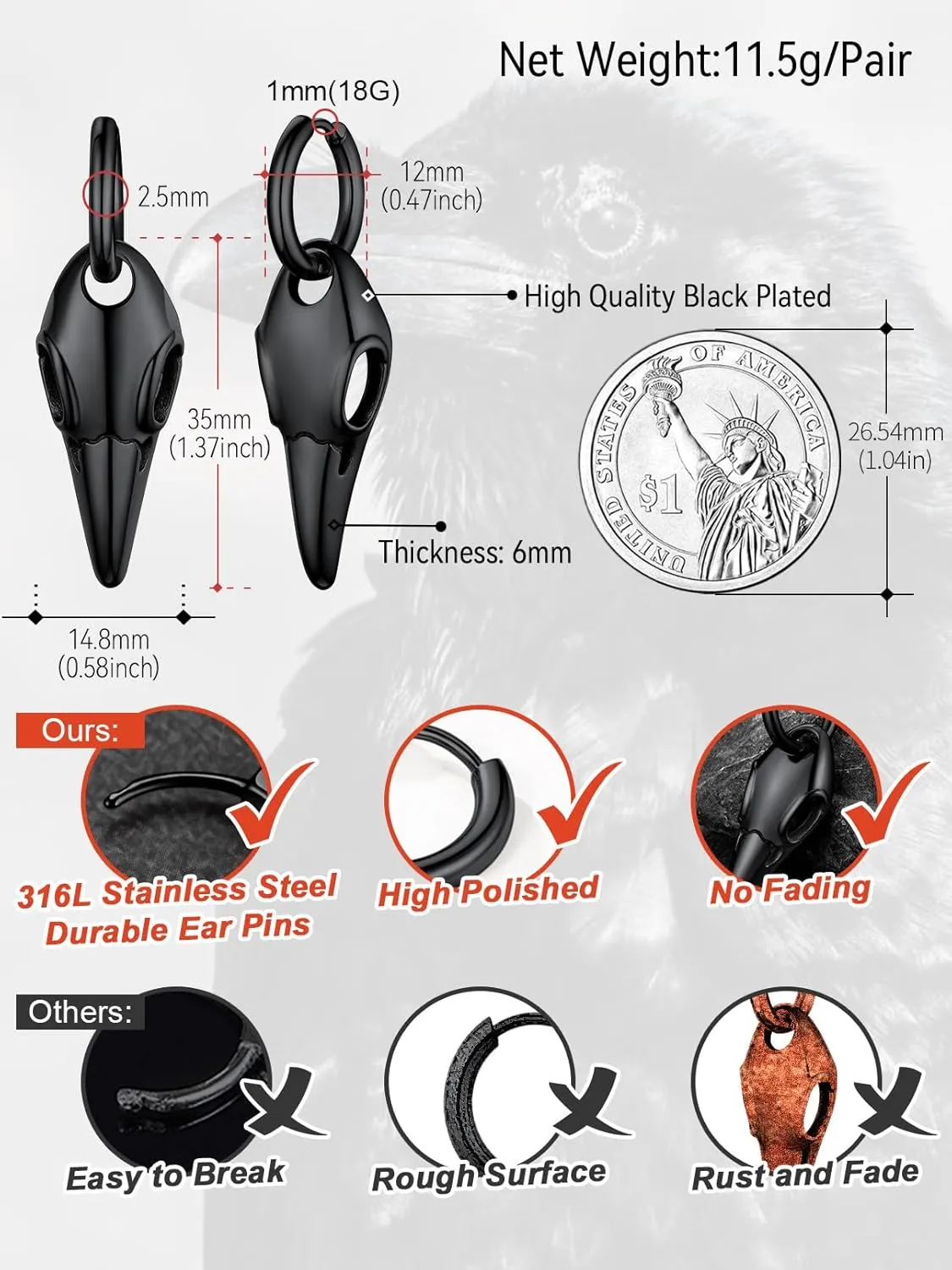 FaithHeart Viking Raven Earrings for Men Sturdy Stainless Steel Punk Rock Earrings Lightweight Hypoallergenic Ear Jewelry with Gift Box