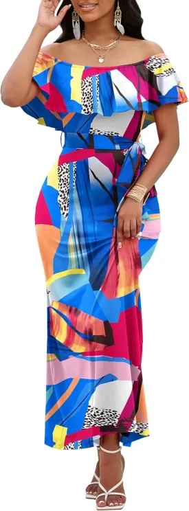 FANDEE Maxi Dress for Women Off The Shoulder Ruffle Floral Print Beach Dress Casual Vacation Waist Tie Summer Long Dress