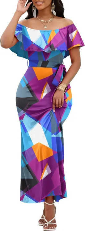 FANDEE Maxi Dress for Women Off The Shoulder Ruffle Floral Print Beach Dress Casual Vacation Waist Tie Summer Long Dress