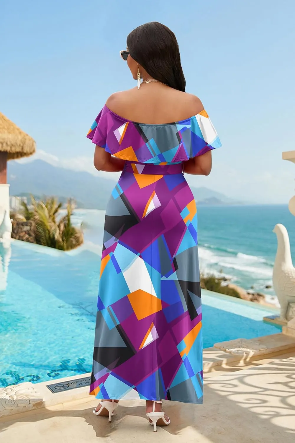 FANDEE Maxi Dress for Women Off The Shoulder Ruffle Floral Print Beach Dress Casual Vacation Waist Tie Summer Long Dress