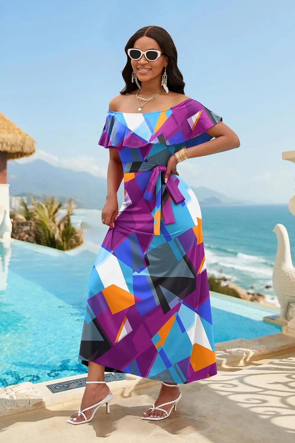 FANDEE Maxi Dress for Women Off The Shoulder Ruffle Floral Print Beach Dress Casual Vacation Waist Tie Summer Long Dress