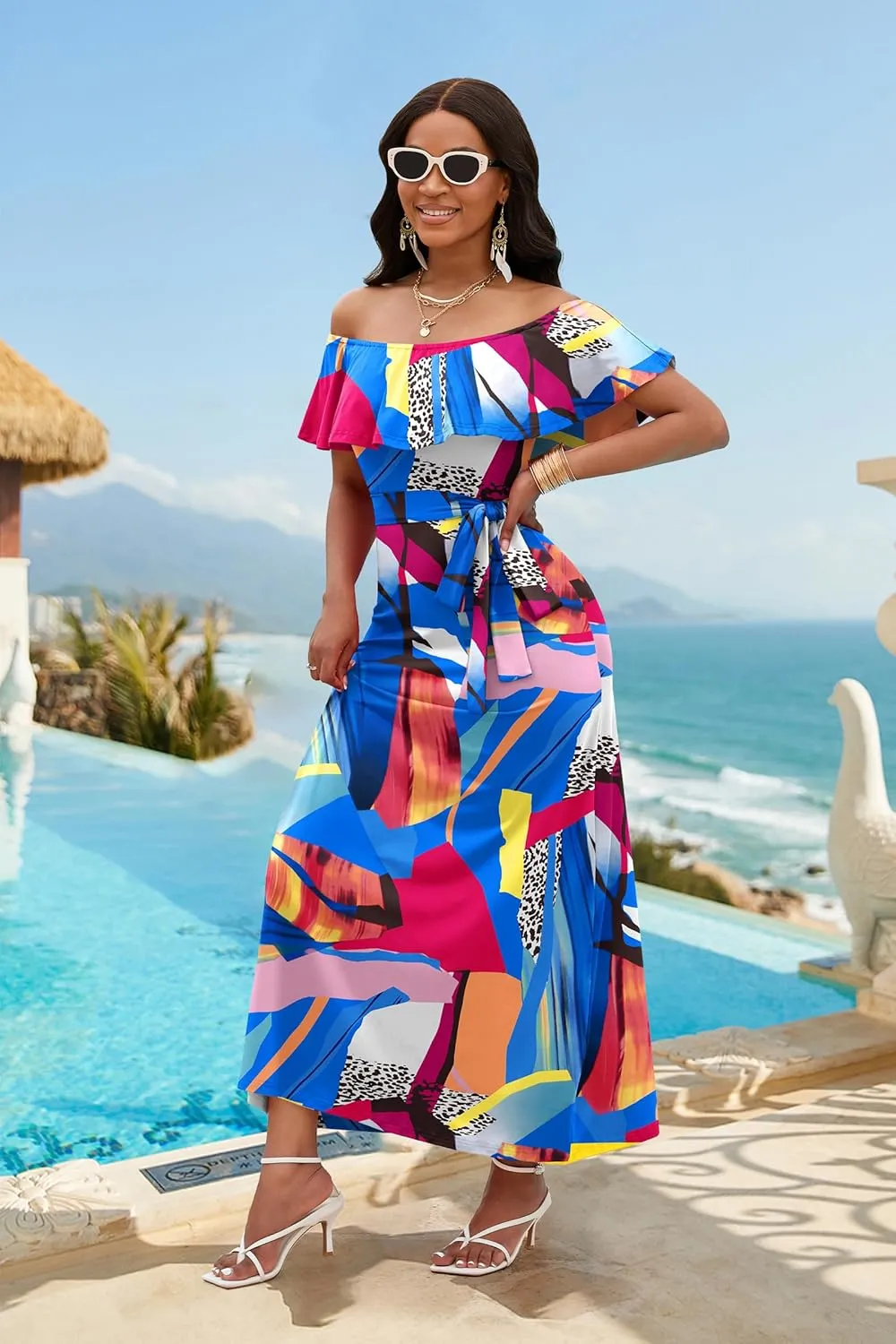 FANDEE Maxi Dress for Women Off The Shoulder Ruffle Floral Print Beach Dress Casual Vacation Waist Tie Summer Long Dress