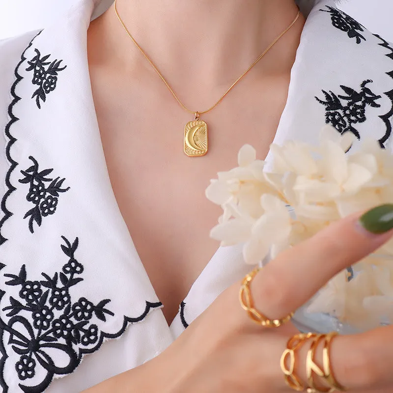 Geometric Moon Necklace with Gold Plating and Titanium Steel Chain