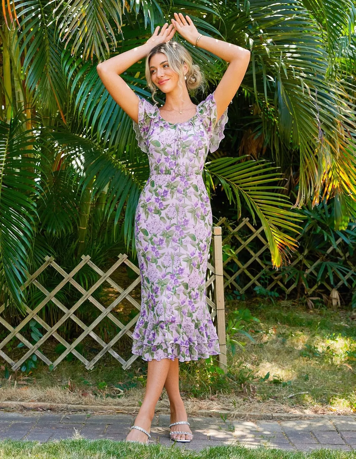 GRACE KARIN Women's Summer Floral Midi Dress Wedding Guest Party Dress Mermaid Bodycon Mesh Ruffle Dress