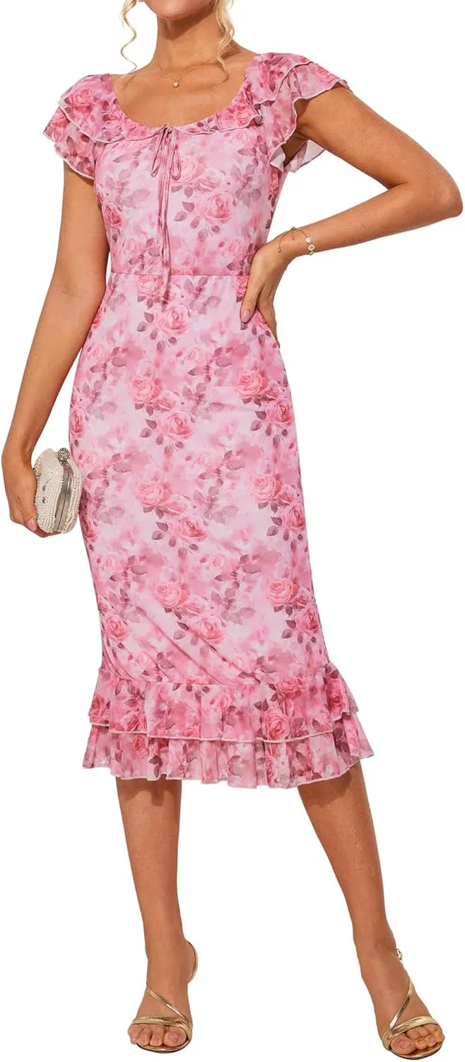 GRACE KARIN Women's Summer Floral Midi Dress Wedding Guest Party Dress Mermaid Bodycon Mesh Ruffle Dress