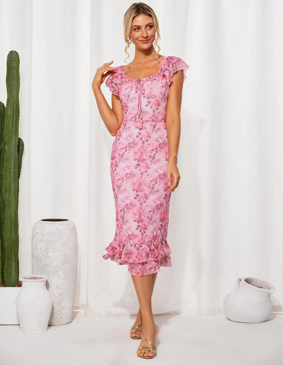GRACE KARIN Women's Summer Floral Midi Dress Wedding Guest Party Dress Mermaid Bodycon Mesh Ruffle Dress