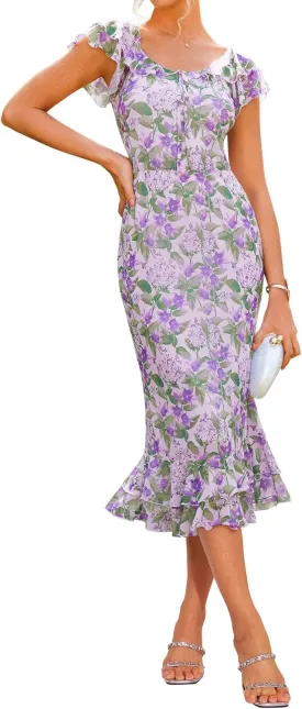 GRACE KARIN Women's Summer Floral Midi Dress Wedding Guest Party Dress Mermaid Bodycon Mesh Ruffle Dress