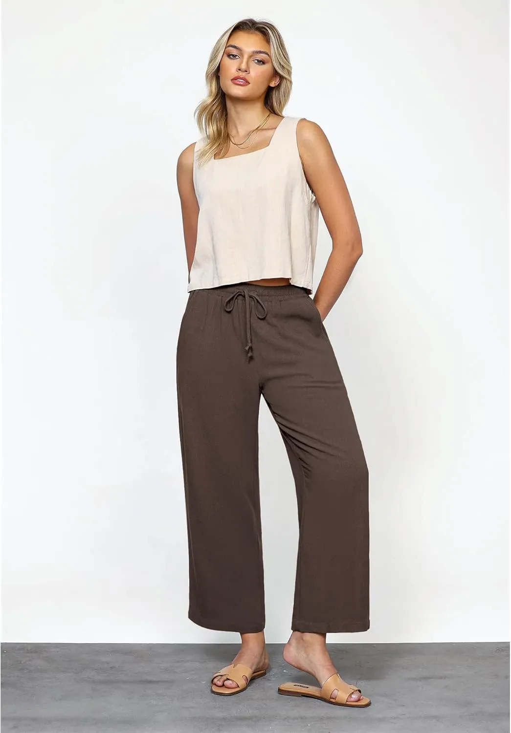 GRAPENT Linen Pants for Women High Waisted Wide Leg Capri Elastic Waist Casual Beach Flowy Cropped Summer Capris Pants
