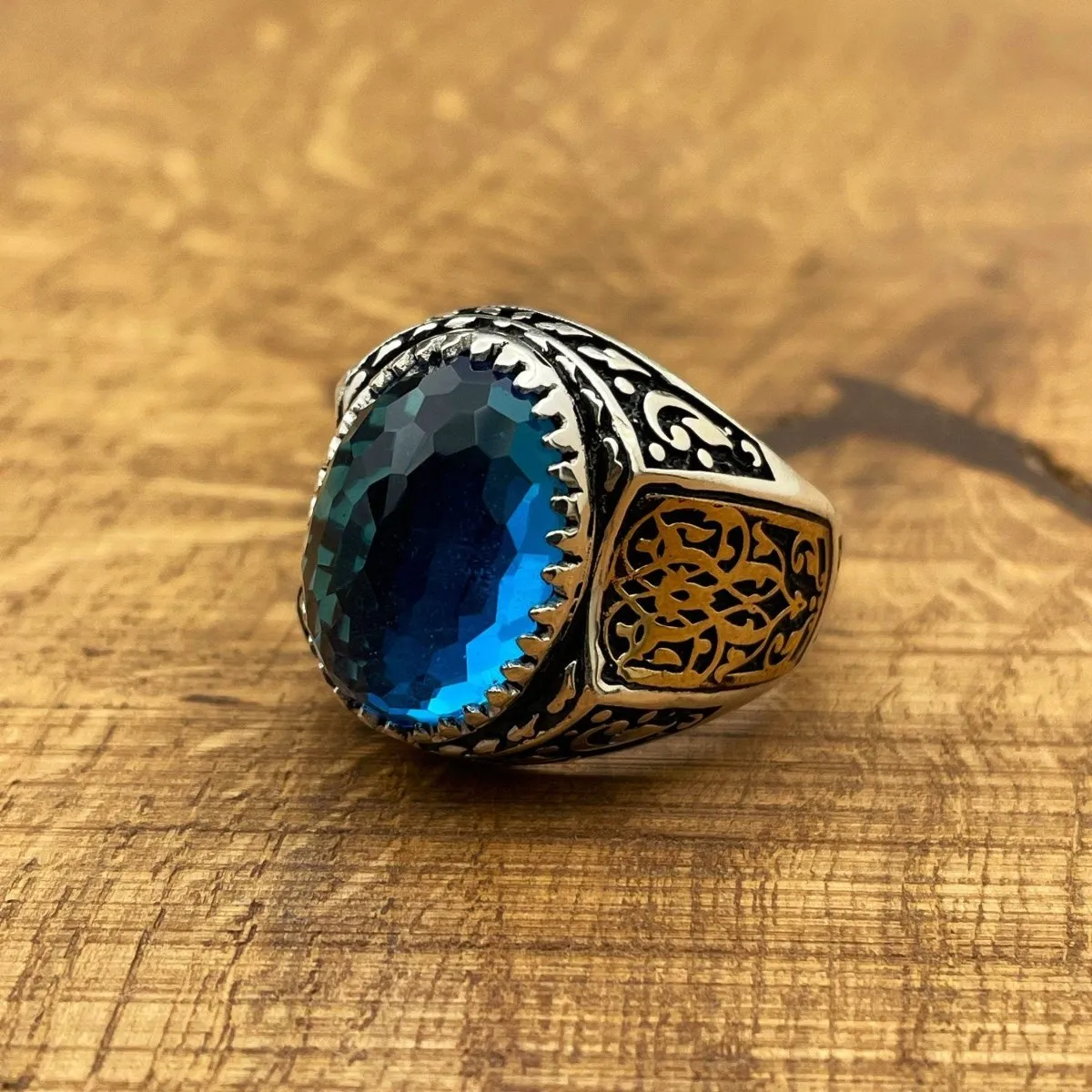 Handmade Men's Oval Blue Aquamarine Silver Ring