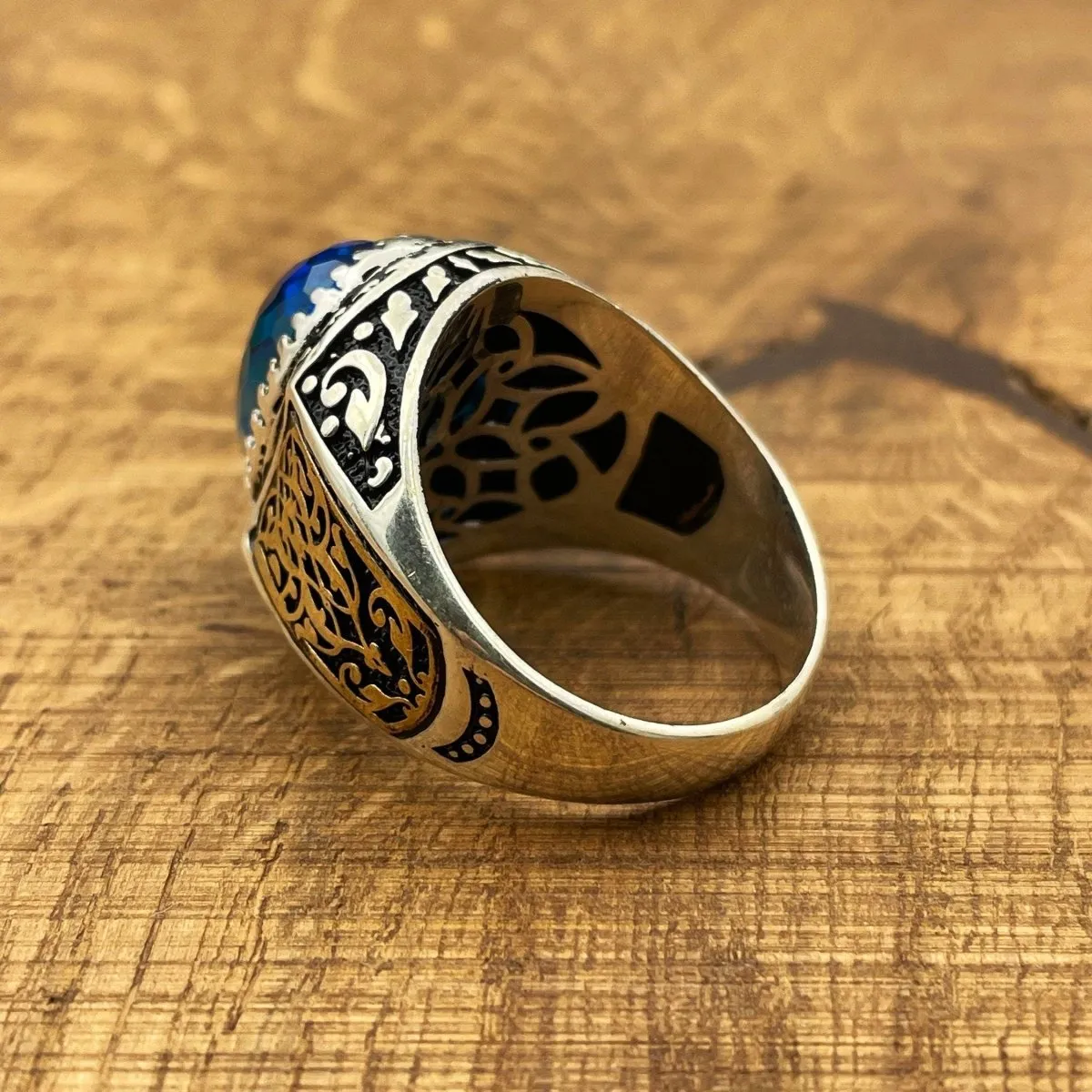 Handmade Men's Oval Blue Aquamarine Silver Ring