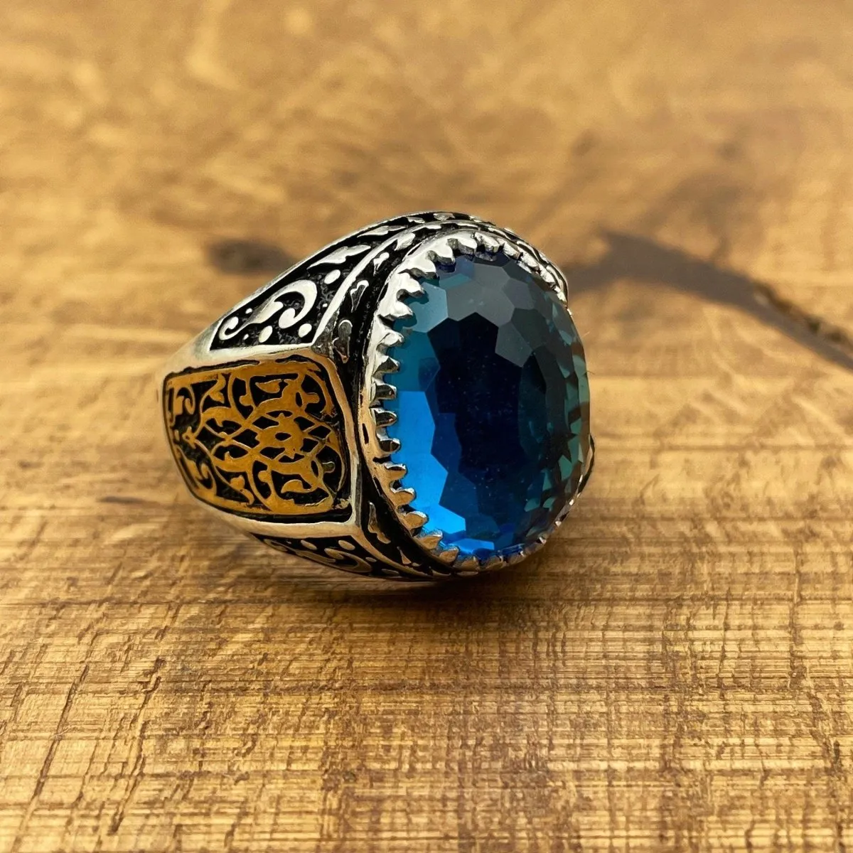 Handmade Men's Oval Blue Aquamarine Silver Ring