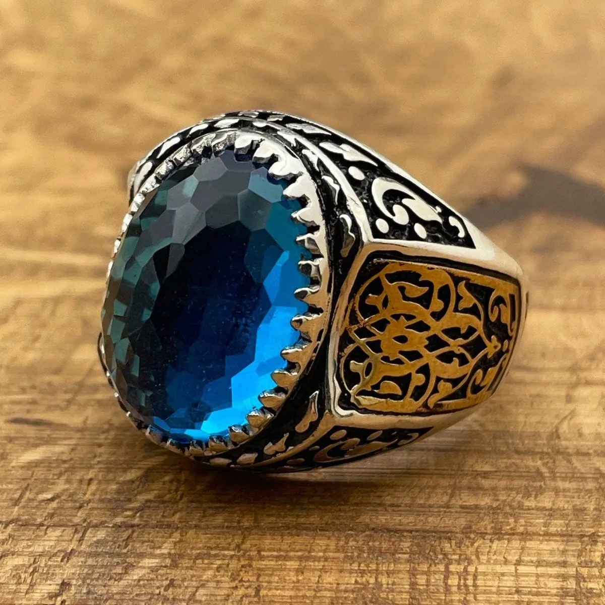 Handmade Men's Oval Blue Aquamarine Silver Ring