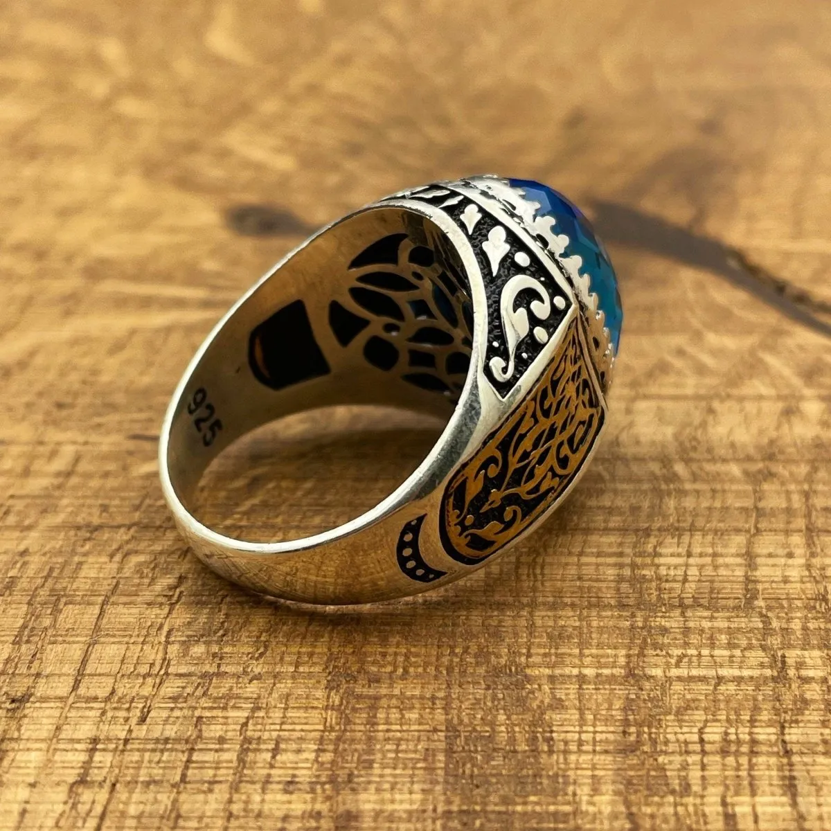 Handmade Men's Oval Blue Aquamarine Silver Ring