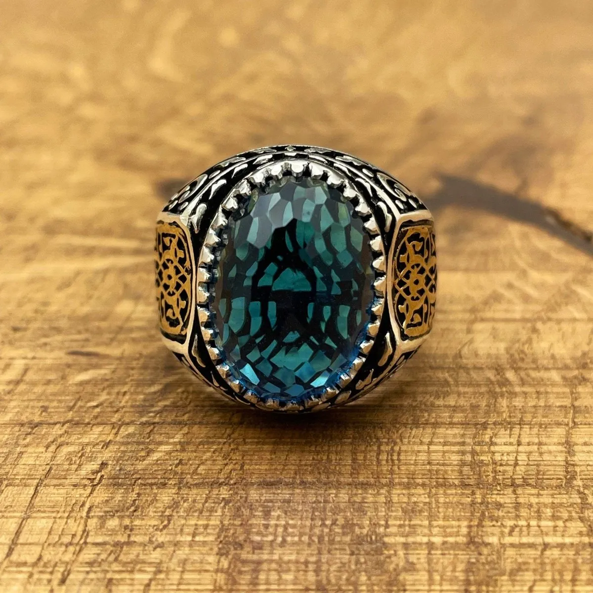 Handmade Men's Oval Blue Aquamarine Silver Ring