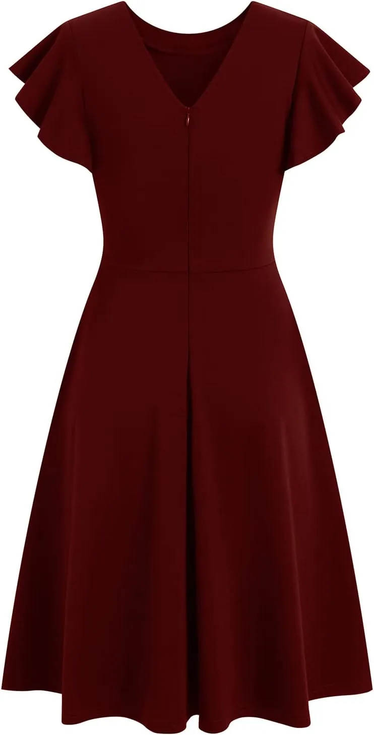HELYO Women's Semi-Formal Ruffle Sleeves V-Back Work Fit and Flare Cocktail Wedding Guest Dress with Pockets 842