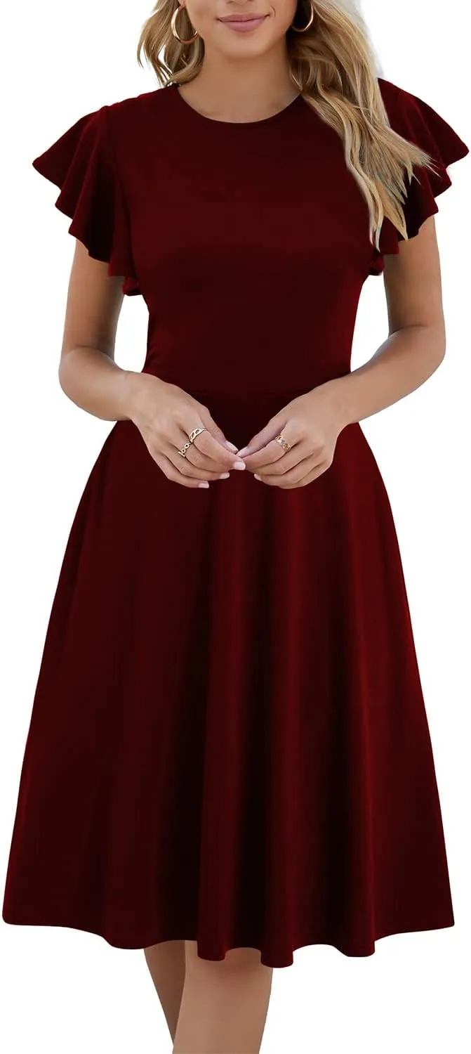 HELYO Women's Semi-Formal Ruffle Sleeves V-Back Work Fit and Flare Cocktail Wedding Guest Dress with Pockets 842