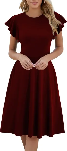 HELYO Women's Semi-Formal Ruffle Sleeves V-Back Work Fit and Flare Cocktail Wedding Guest Dress with Pockets 842