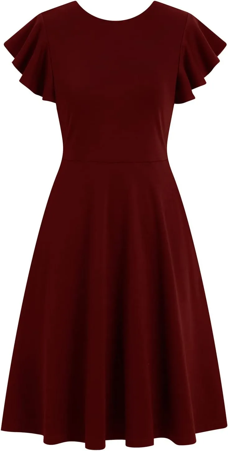 HELYO Women's Semi-Formal Ruffle Sleeves V-Back Work Fit and Flare Cocktail Wedding Guest Dress with Pockets 842
