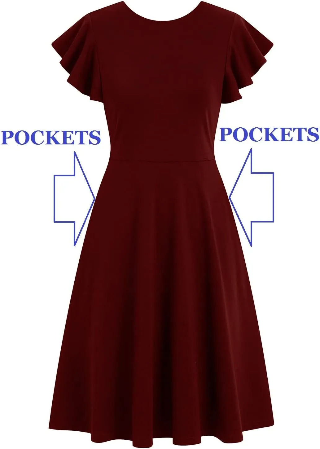 HELYO Women's Semi-Formal Ruffle Sleeves V-Back Work Fit and Flare Cocktail Wedding Guest Dress with Pockets 842