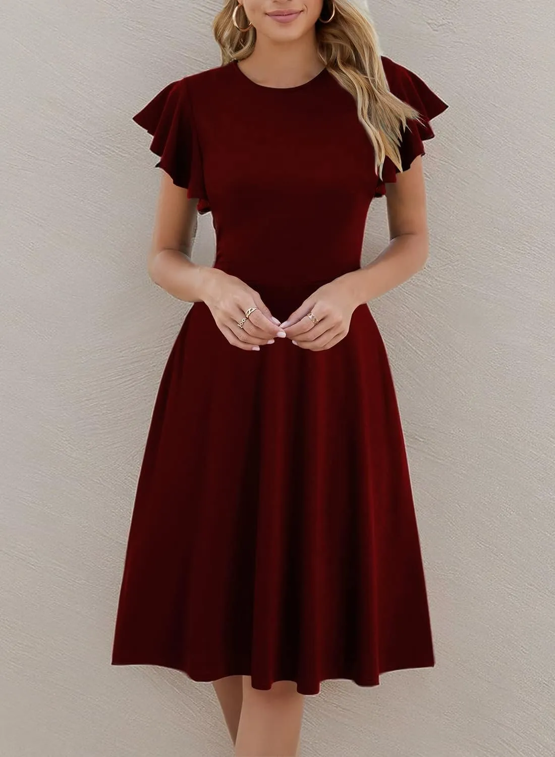 HELYO Women's Semi-Formal Ruffle Sleeves V-Back Work Fit and Flare Cocktail Wedding Guest Dress with Pockets 842
