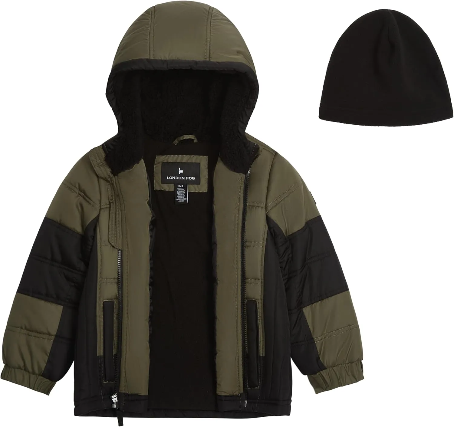 LONDON FOG Boys' Sporty Heavyweight Hooded Puffer Jacket and Fleece Beanie