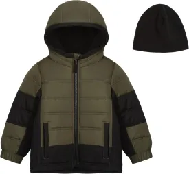 LONDON FOG Boys' Sporty Heavyweight Hooded Puffer Jacket and Fleece Beanie