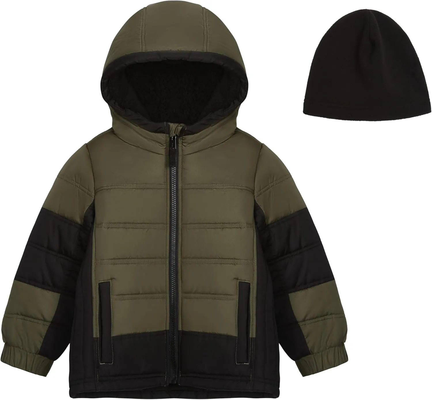 LONDON FOG Boys' Sporty Heavyweight Hooded Puffer Jacket and Fleece Beanie