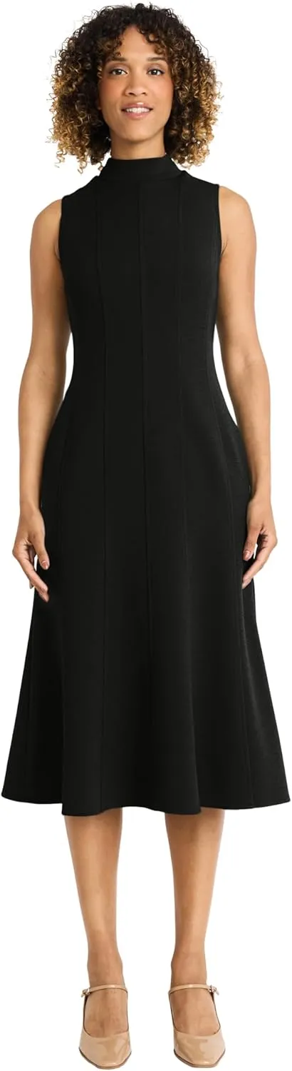 Maggy London Women's Sleeveless Mock Neck Midi Dress with Fitted Bodice and A-line Skirt