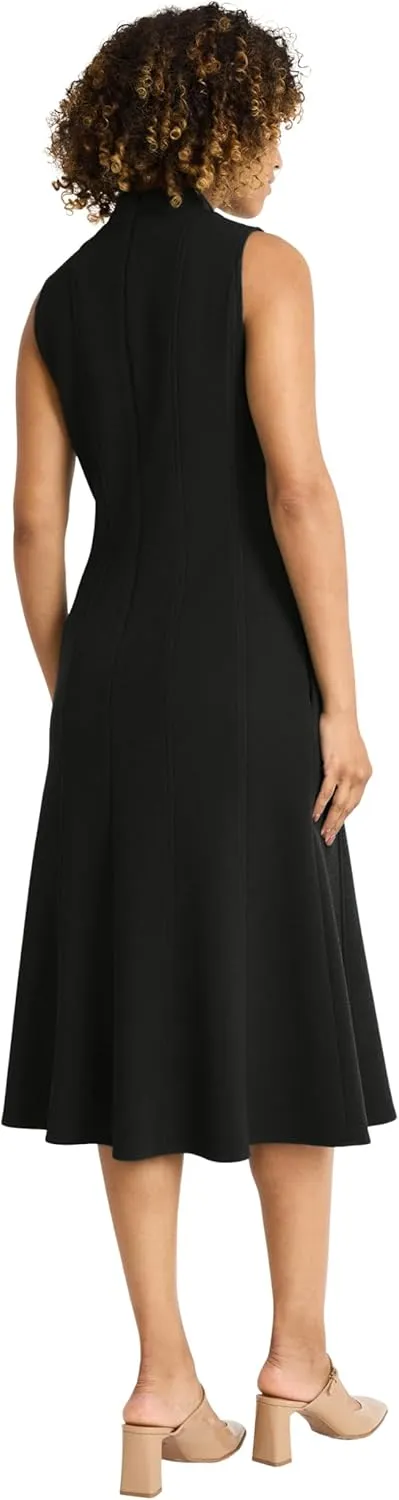 Maggy London Women's Sleeveless Mock Neck Midi Dress with Fitted Bodice and A-line Skirt
