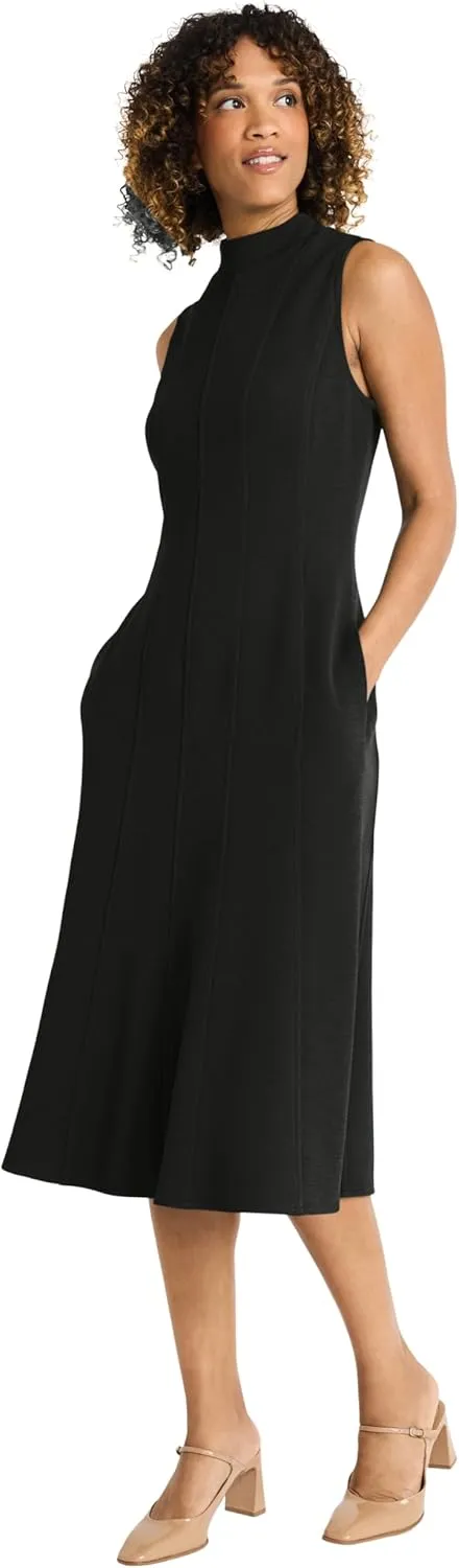 Maggy London Women's Sleeveless Mock Neck Midi Dress with Fitted Bodice and A-line Skirt