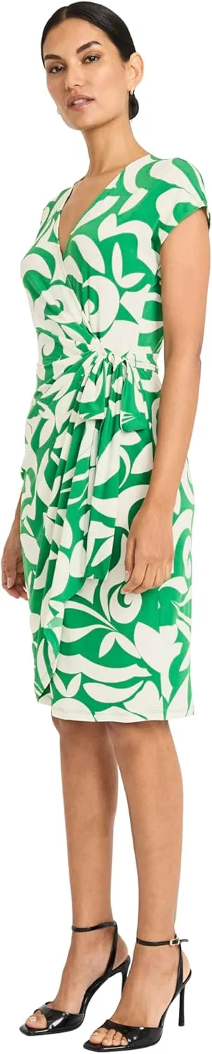 Maggy London Women's Sophisticated V-Neck Cap Sleeve Knee Length-Side Tie Waist Wrap Cocktail Dress