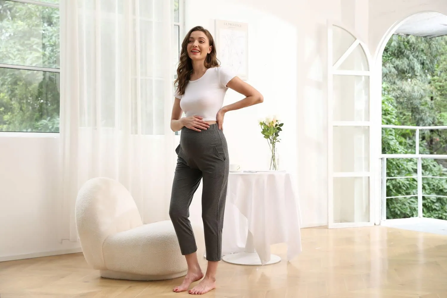 Maternity Lounge Pants Pregnancy Trousers Over The Belly Stretchy Activewear, Maternity Clothes Sweatpants with Pockets