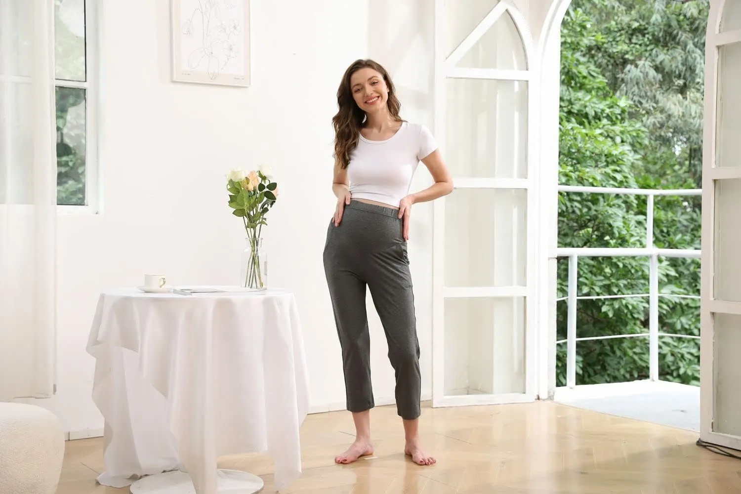 Maternity Lounge Pants Pregnancy Trousers Over The Belly Stretchy Activewear, Maternity Clothes Sweatpants with Pockets
